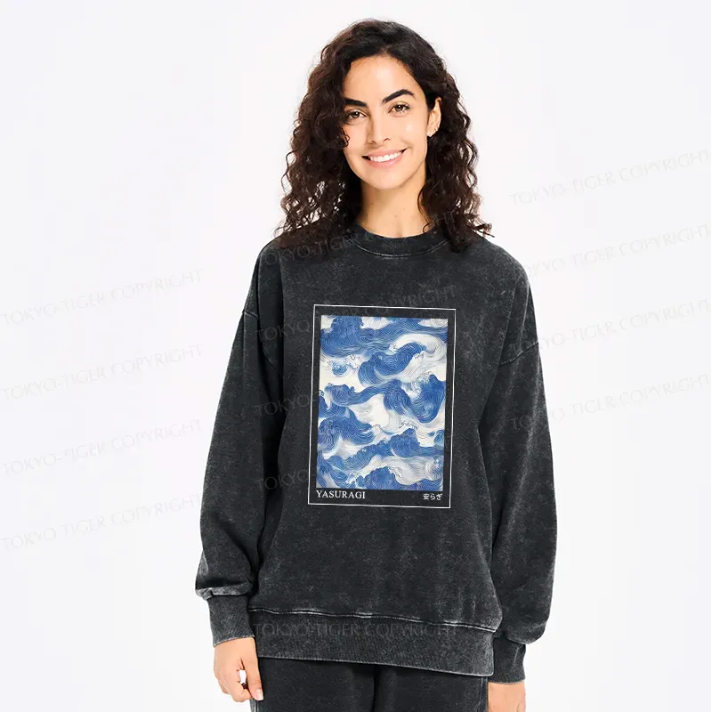 Kyoto-Lion Japanese Retro Art Wave Washed Sweatshirt