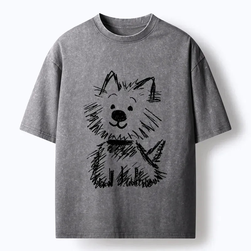Kyoto-Lion Funny Meme Scribble Dog Washed T-Shirt