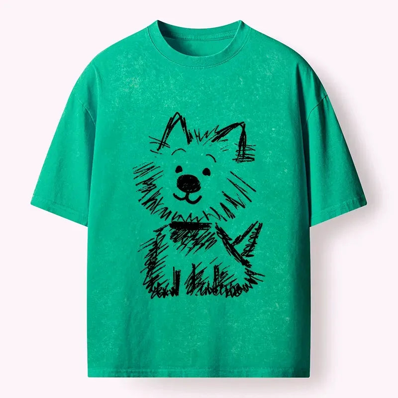 Kyoto-Lion Funny Meme Scribble Dog Washed T-Shirt