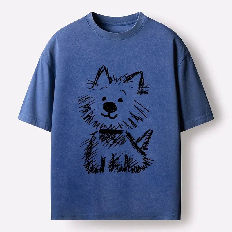 Kyoto-Lion Funny Meme Scribble Dog Washed T-Shirt