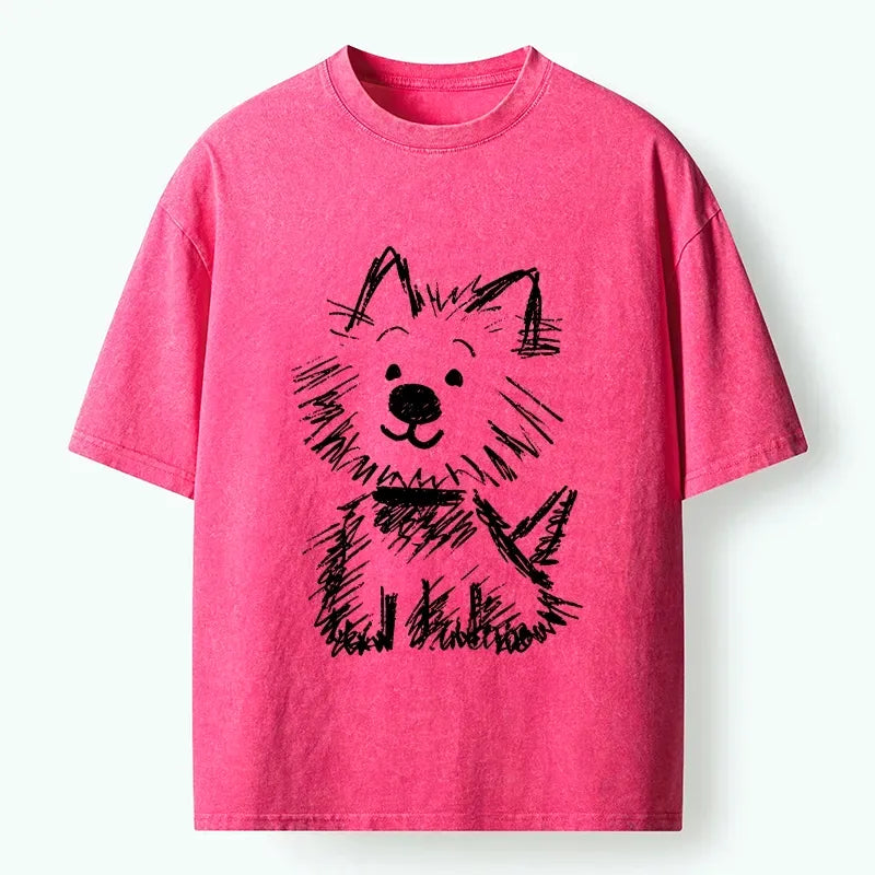 Kyoto-Lion Funny Meme Scribble Dog Washed T-Shirt