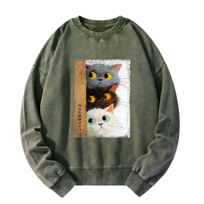 Kyoto-Lion Three Cute Cats Watch You Washed Sweatshirt