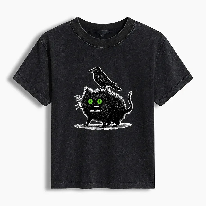 Washed Retro Black Cat T-Shirt for Daily Wear