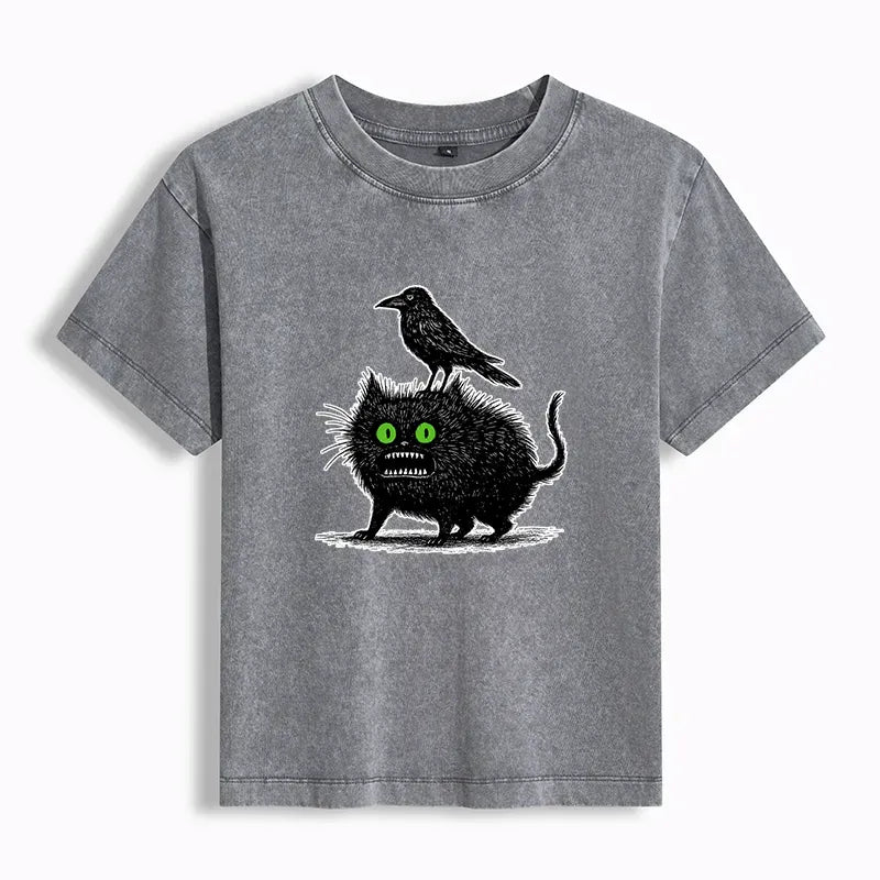 Washed Retro Black Cat T-Shirt for Daily Wear