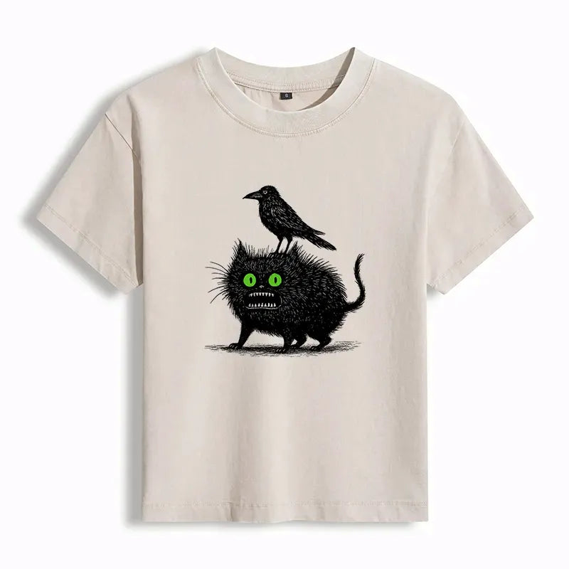 Japanese Crow and Black Cat T-Shirt for Women