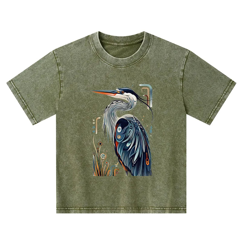 Kyoto-Lion Stylish Blue Heron Kids Washed T-Shirt