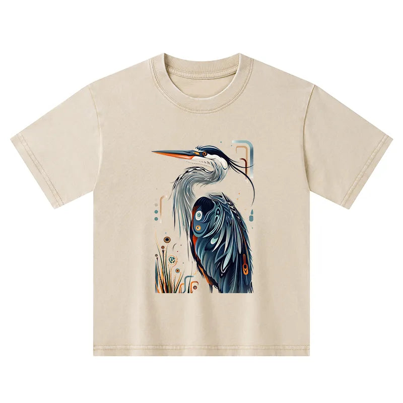 Kyoto-Lion Stylish Blue Heron Kids Washed T-Shirt