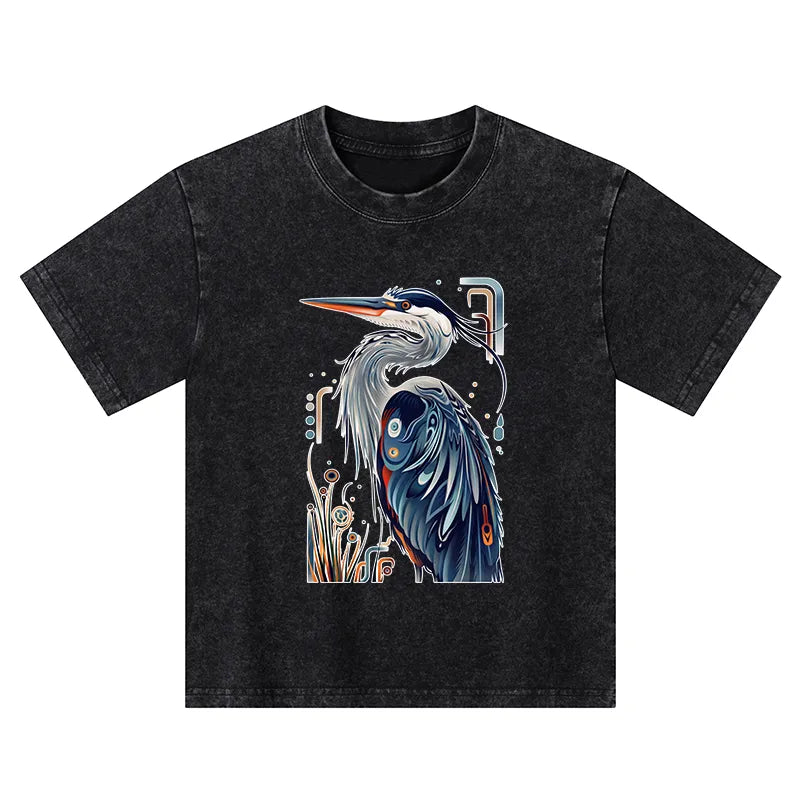Kyoto-Lion Stylish Blue Heron Kids Washed T-Shirt