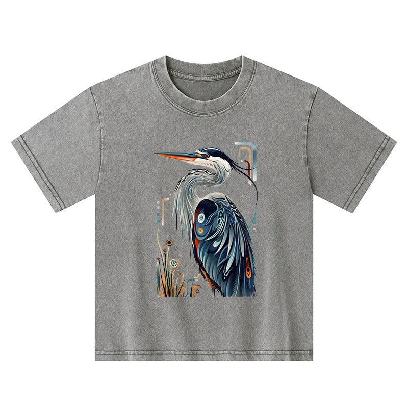 Kyoto-Lion Stylish Blue Heron Kids Washed T-Shirt