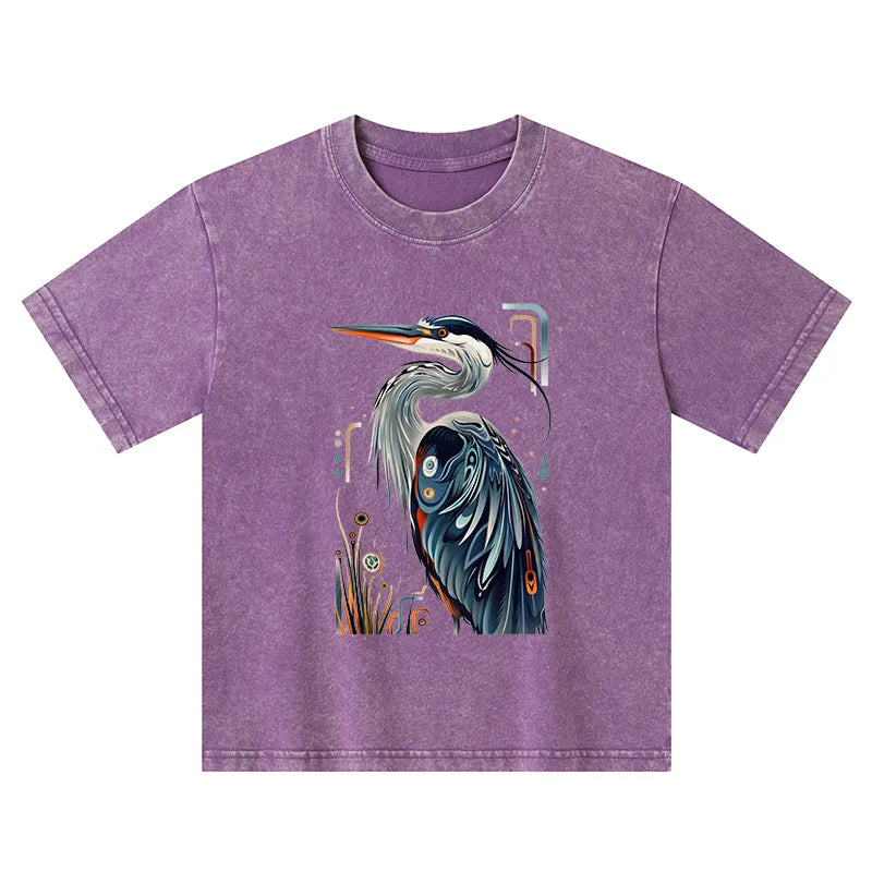 Kyoto-Lion Stylish Blue Heron Kids Washed T-Shirt