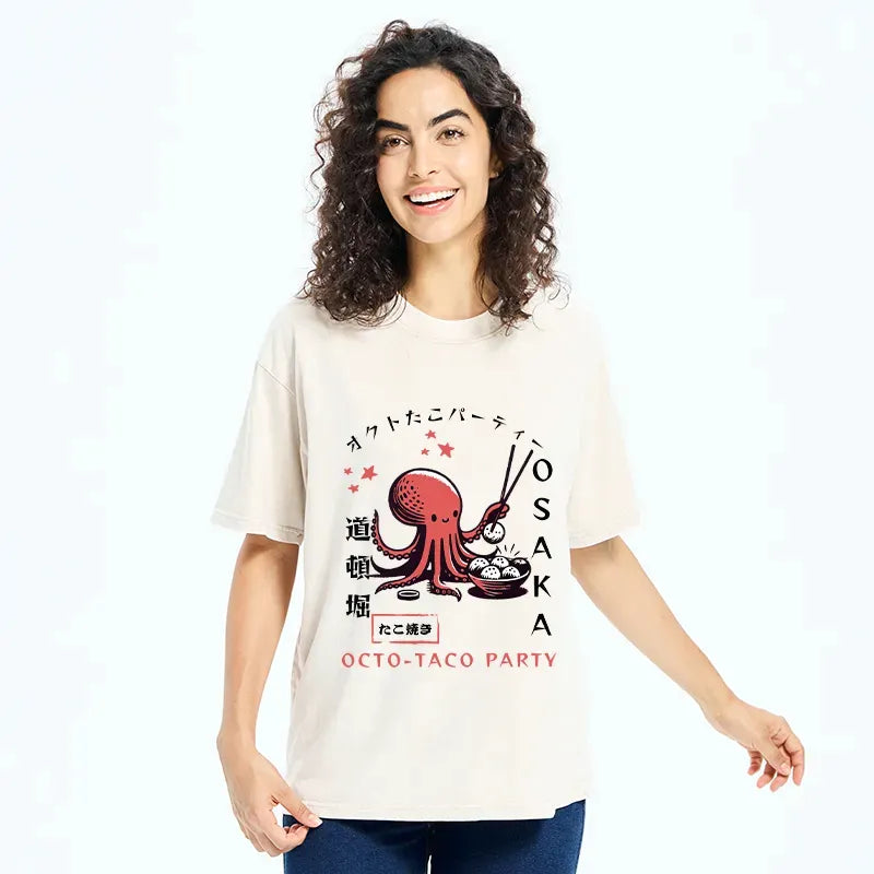 Kyoto-Lion Cute Octopus Washed T-Shirt