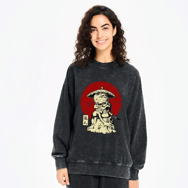 Kyoto-Lion Rounin Japanese Frog Samurai Washed Sweatshirt