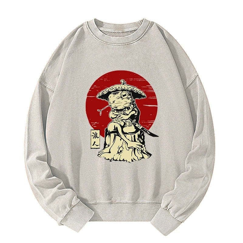 Kyoto-Lion Rounin Japanese Frog Samurai Washed Sweatshirt