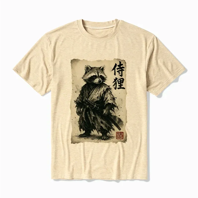 Kyoto-Lion Retro Raccoon Samurai Cotton Blend T-Shirt