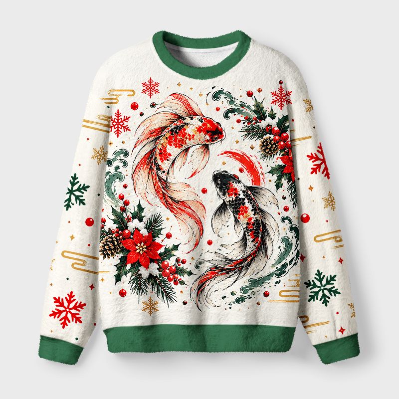 Kyoto-Lion Christmas Koi Winter Art Fuzzy Christmas Ugly Sweatshirt