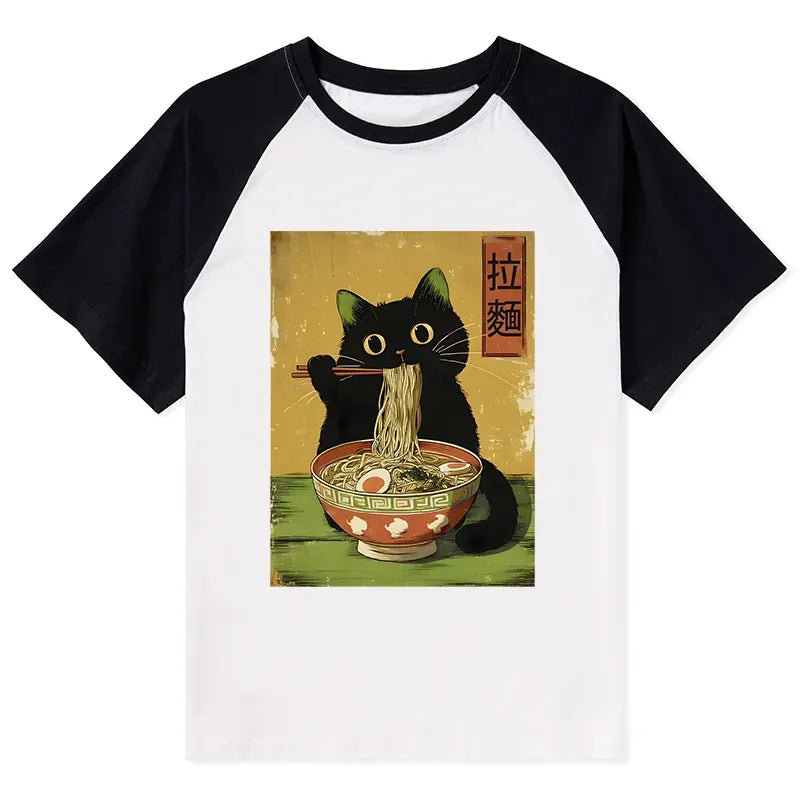 Kyoto-Lion Vintage Japanese Cat Eating Ramen Raglan T-shirt