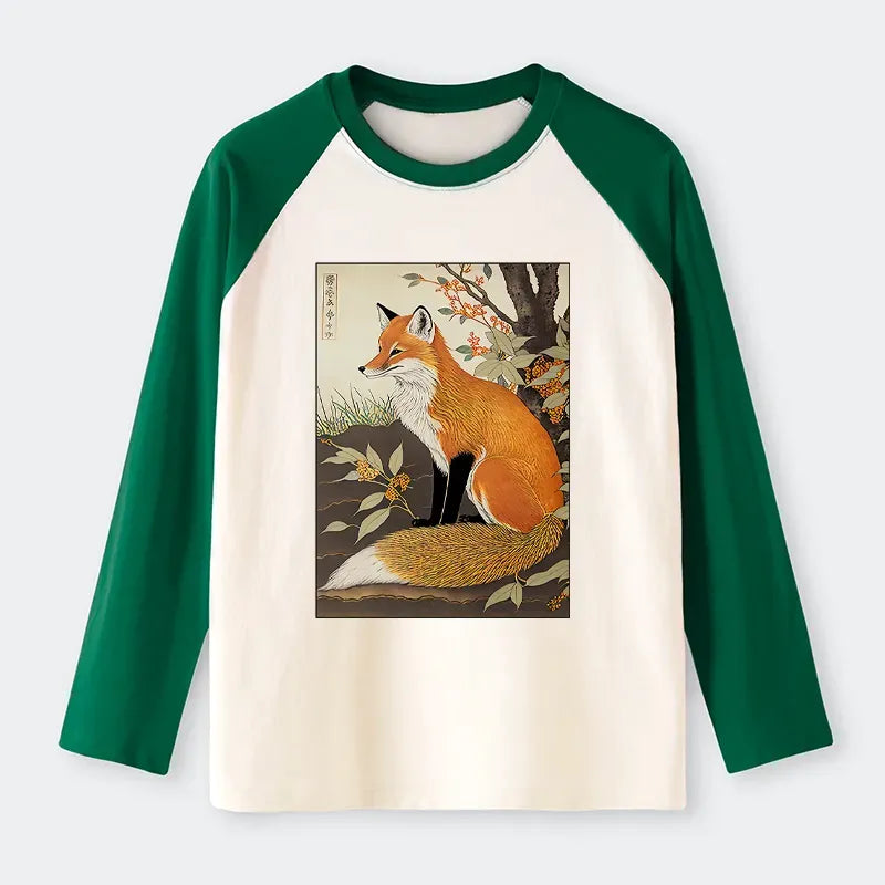 Ukiyo-e Fox Raglan T-shirt for Daily Wear