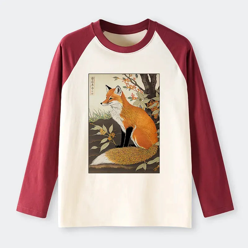 Ukiyo-e Fox Raglan T-shirt for Daily Wear
