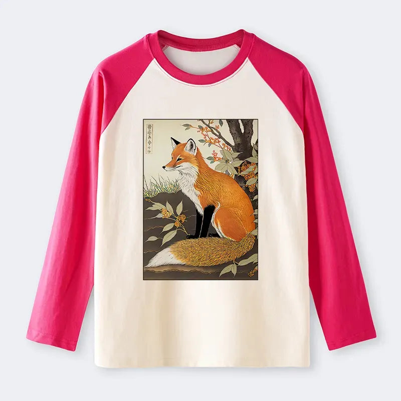 Ukiyo-e Fox Raglan T-shirt for Daily Wear