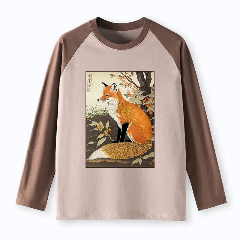 Ukiyo-e Fox Raglan T-shirt for Daily Wear