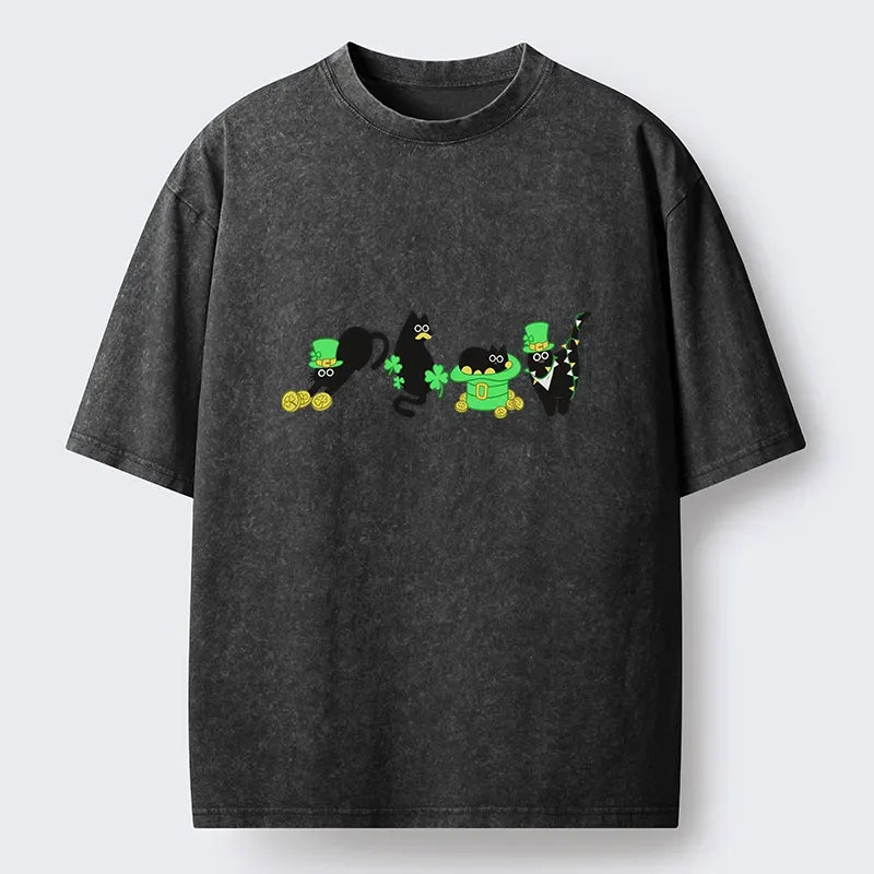 Kyoto-Lion St Patrick's Day Black Naughty Cats Washed T-Shirt