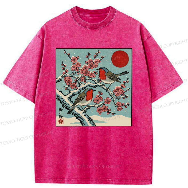 Kyoto-Lion Winter Blossoms And Feathered Melodies Washed T-Shirt