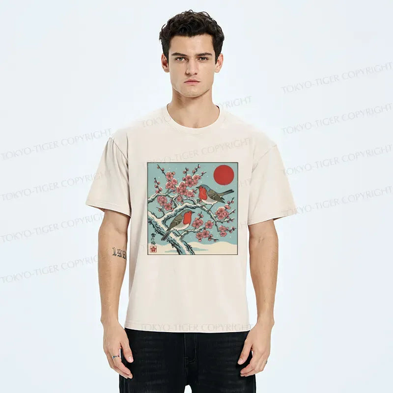 Kyoto-Lion Winter Blossoms And Feathered Melodies Washed T-Shirt