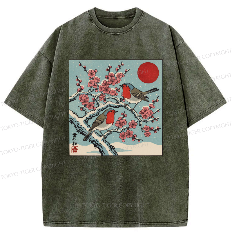 Kyoto-Lion Winter Blossoms And Feathered Melodies Washed T-Shirt