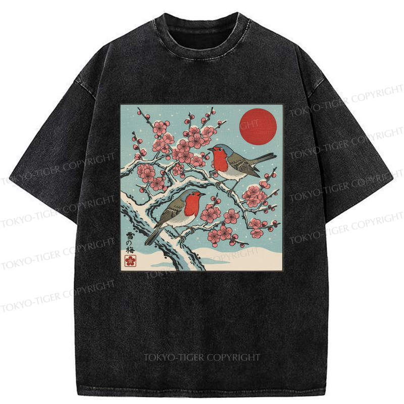 Kyoto-Lion Winter Blossoms And Feathered Melodies Washed T-Shirt