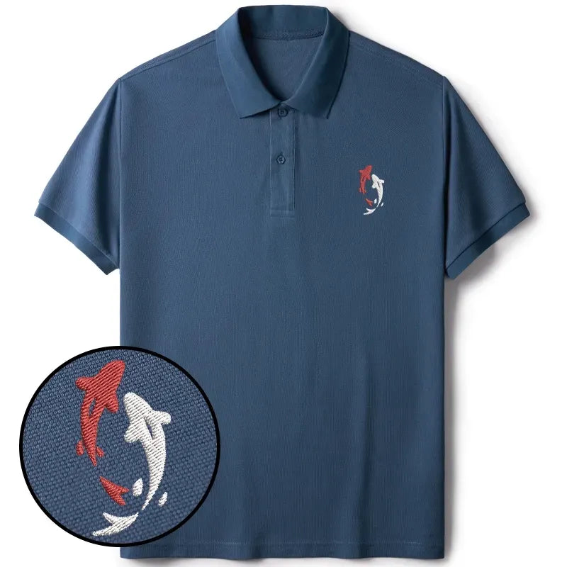Kyoto-Lion Two Koi Carps Embroidered Polo T-Shirt