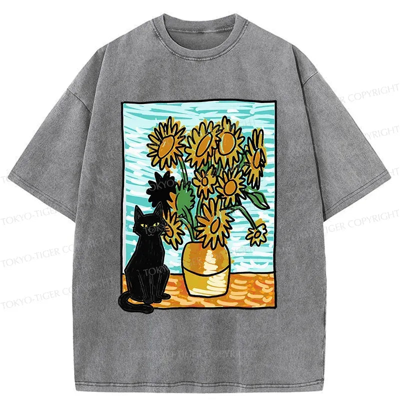 Washed black cat t-shirt for daily wear