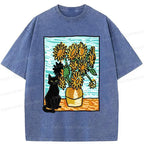Kyoto-Lion Black Cat And Sunflower Washed T-Shirt