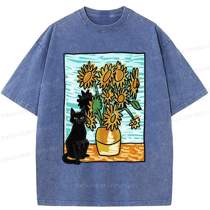 Kyoto-Lion Black Cat And Sunflower Washed T-Shirt