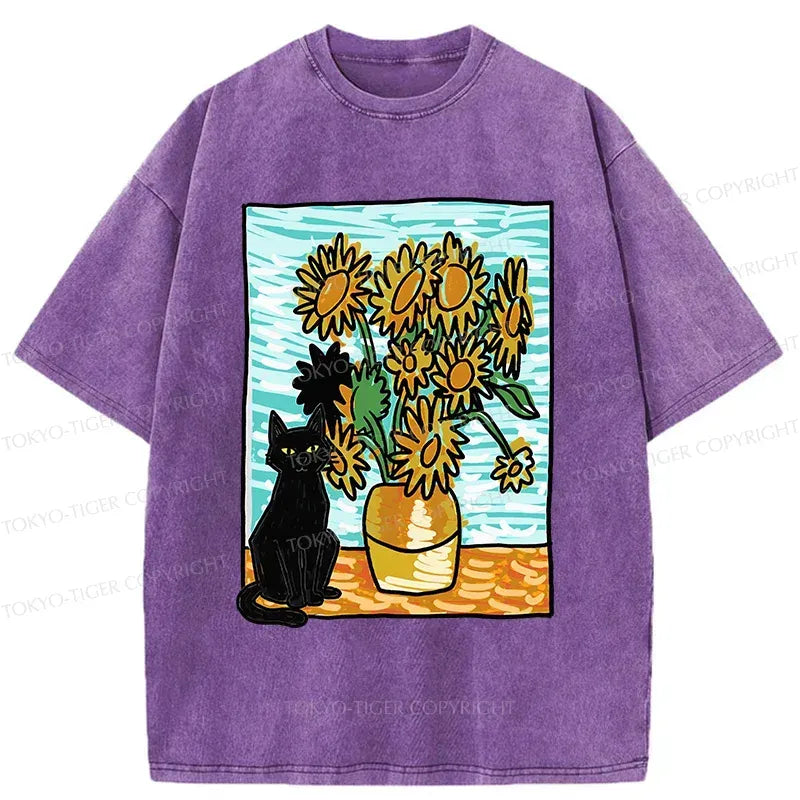 Japanese vintage black cat sunflower t-shirt
