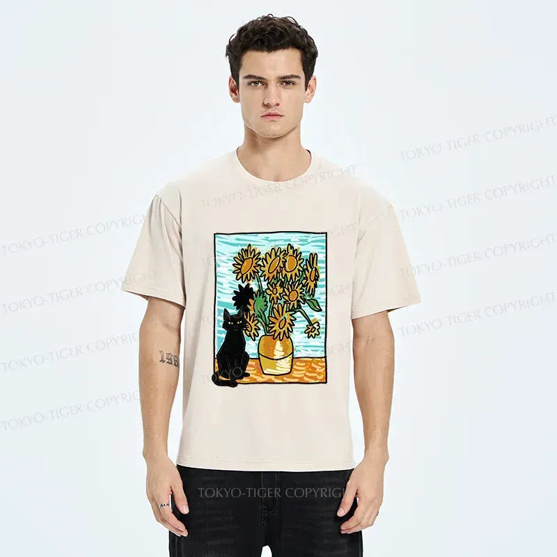 Japanese vintage black cat sunflower t-shirt