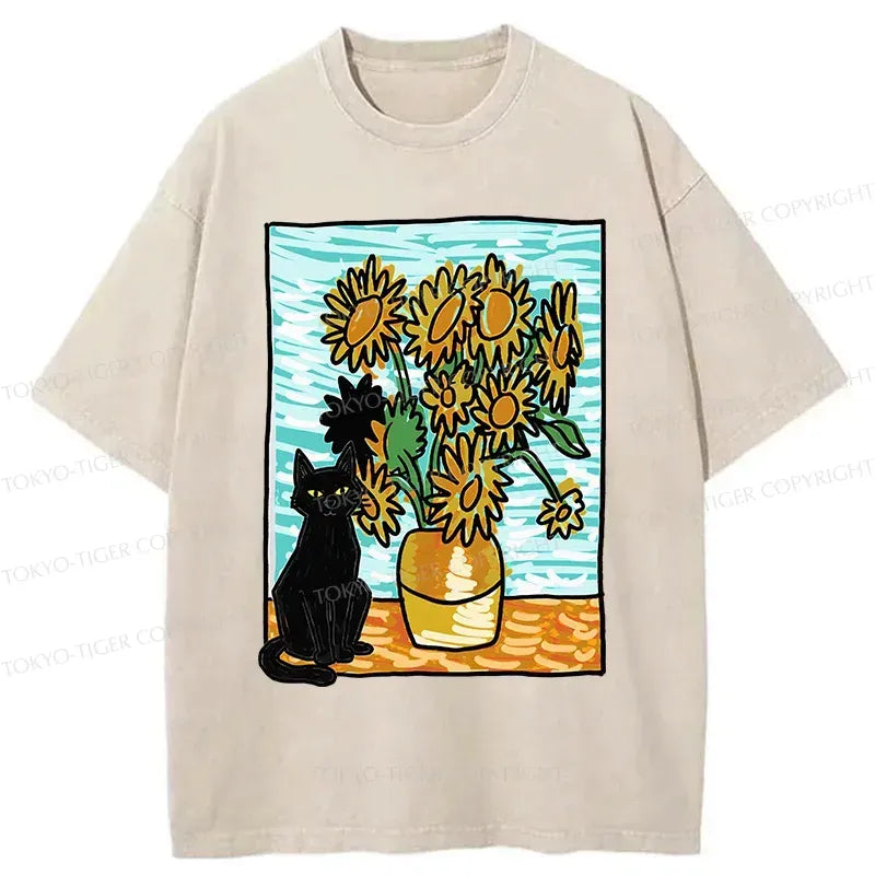 Japanese vintage black cat sunflower t-shirt