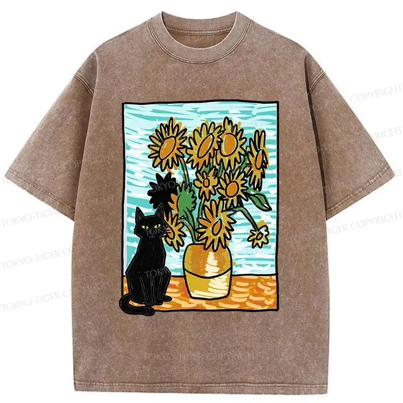 Kyoto-Lion Black Cat And Sunflower Washed T-Shirt