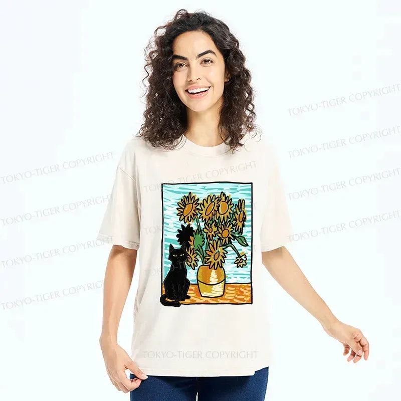 Washed black cat t-shirt for daily wear