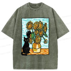 Washed black cat t-shirt for daily wear