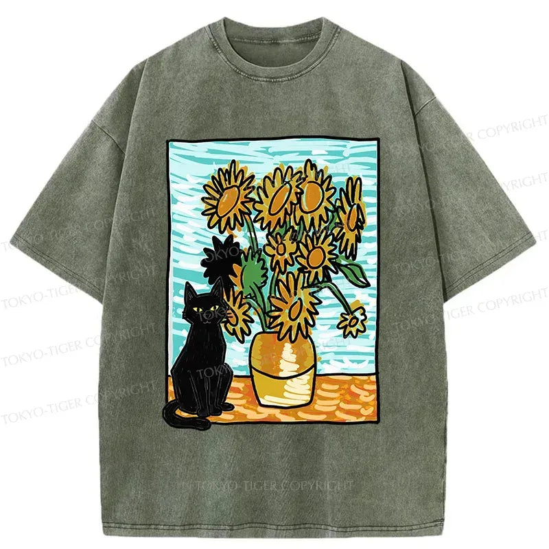 Washed black cat t-shirt for daily wear