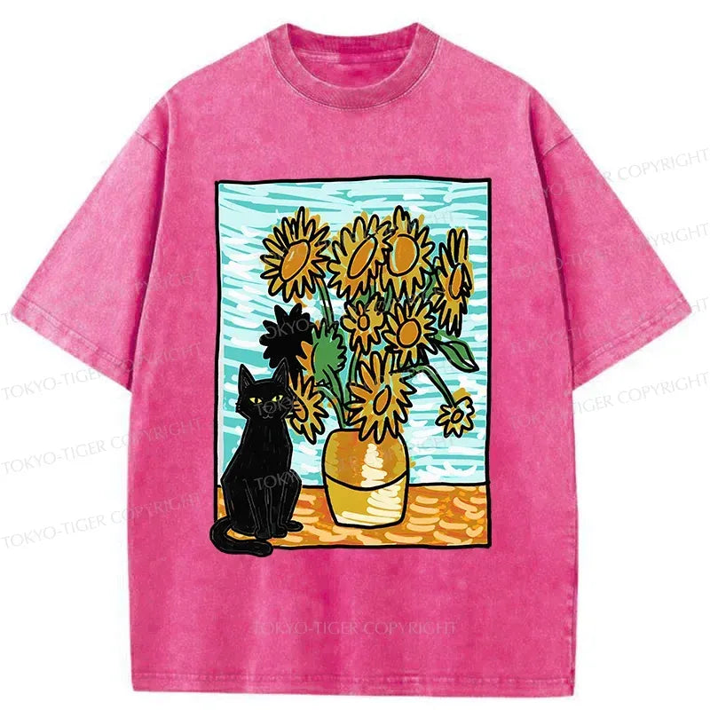Kyoto-Lion Black Cat And Sunflower Washed T-Shirt