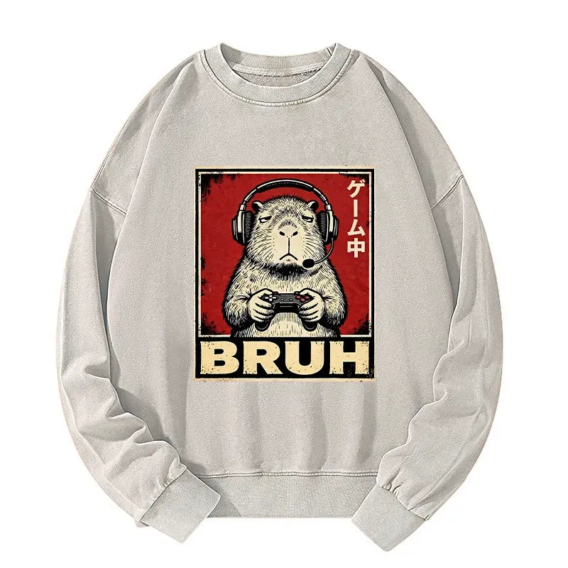Kyoto-Lion Funny Capybara Playing Games Washed Sweatshirt