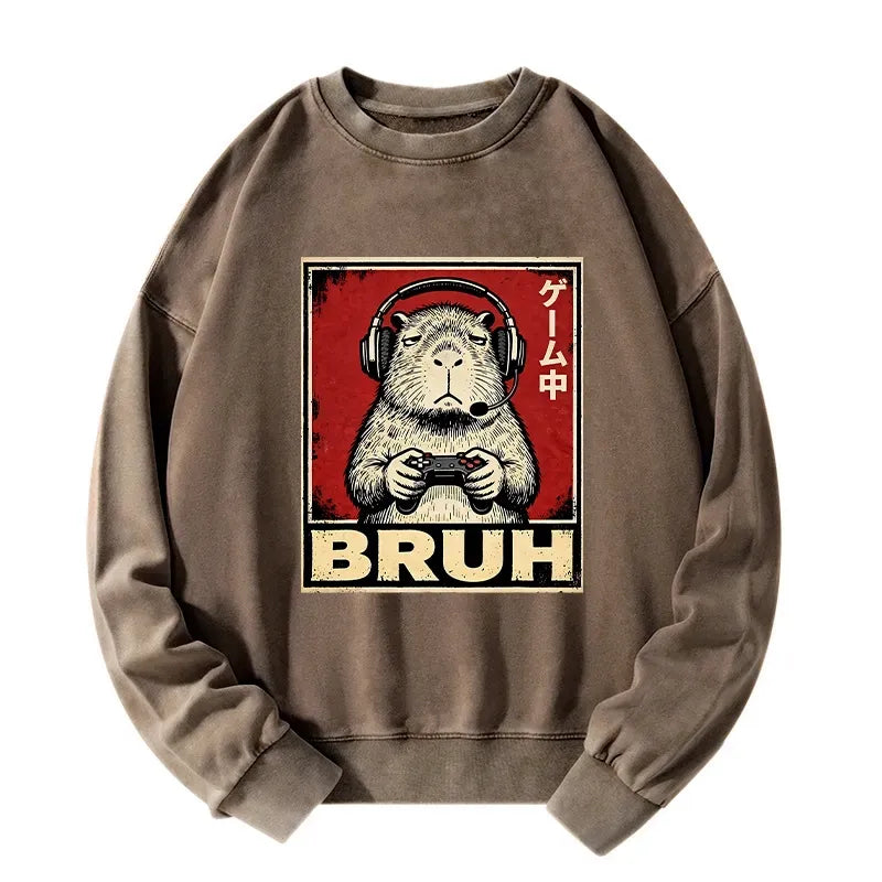 Kyoto-Lion Funny Capybara Playing Games Washed Sweatshirt