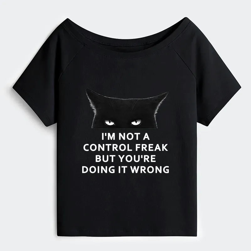 Kyoto-Lion Control Freak Funny Off Shoulder T-Shirt