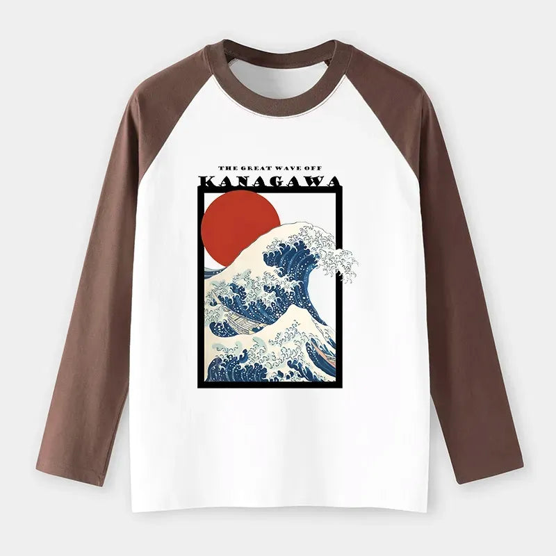 Kyoto-Lion Minimalist Ukiyo-e Waves Raglan Long Sleeve T-shirt