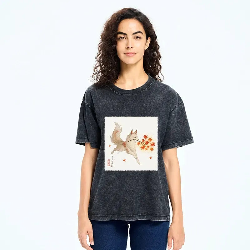 Oriental Fox Print Washed T-Shirt