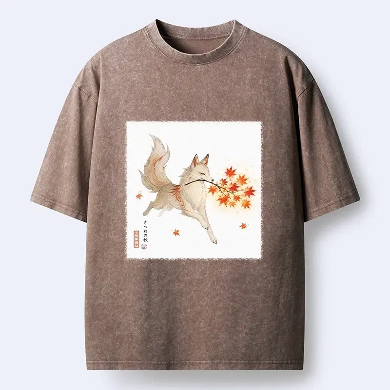 Kyoto-Lion Vintage Oriental Spirit Fox Print Washed T-Shirt