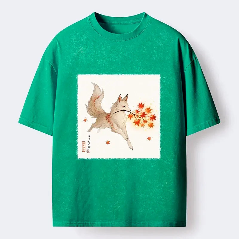 Kyoto-Lion Vintage Oriental Spirit Fox Print Washed T-Shirt
