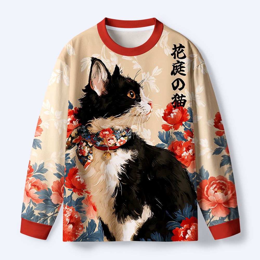 Kyoto-Lion Cat Among Peonies Eco-Friendly Long Sleeve T-Shirt