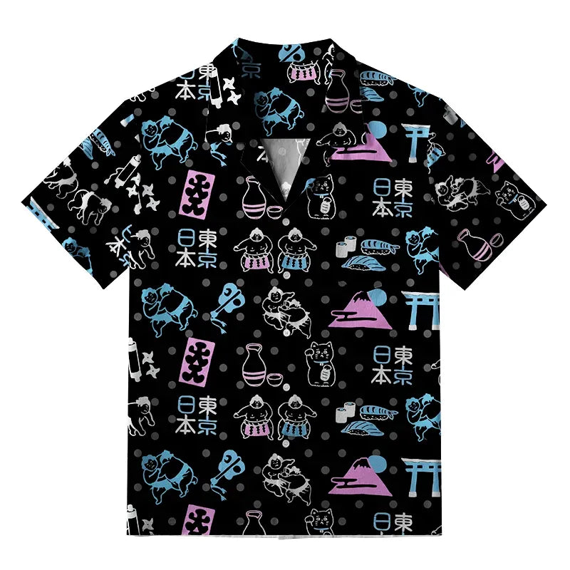 Kyoto-Lion Japanese Elements Combination Black Aloha Hawaiian Shirt